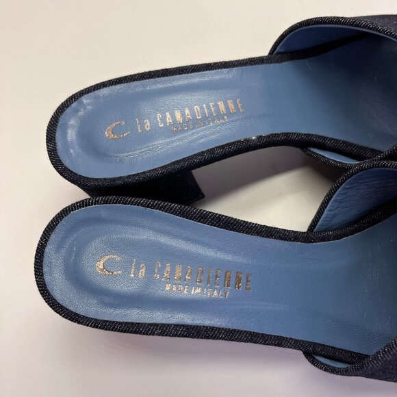 La Canadienne Frida Size 39 Denim Blue Open Toe Block Heel Mule Sandal - Picture 8 of 16